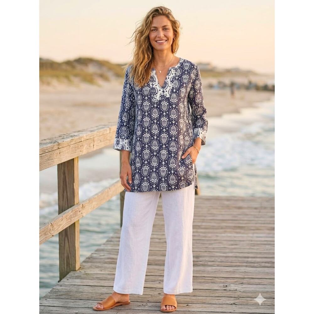 Sigrid Olsen Linen Tunic Blouse Navy White Boho Coastal L - Picture 8 of 8
